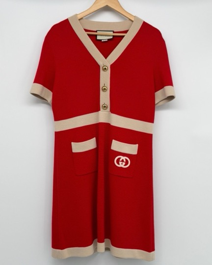A logged wear — red Gucci knit dress